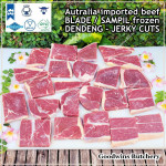 Beef BLADE Australia frozen daging sapi sampil CUBED-DADU RENDANG / CURRY BITE-SIZE 2cm 5/8" (price/pack 600g +/-50pcs) any brand in stock; GBP, WMPG, RALPHS or AMH
